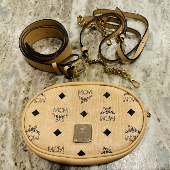 Authentic MCM Small Essential Belt Bag Purse 3 Way Cream Beige Gold Hardware - Picture 8 of 12